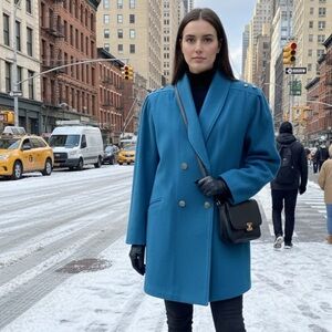 Oleg Cassini Teal Double-Breasted Coat